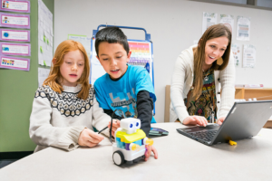 Elementary school students working on STEM project with teacher